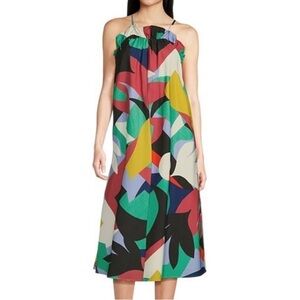 Corey Lynn Calter CORA Floral Halter Sleeveless Ruffle Midi Shift Dress Medium